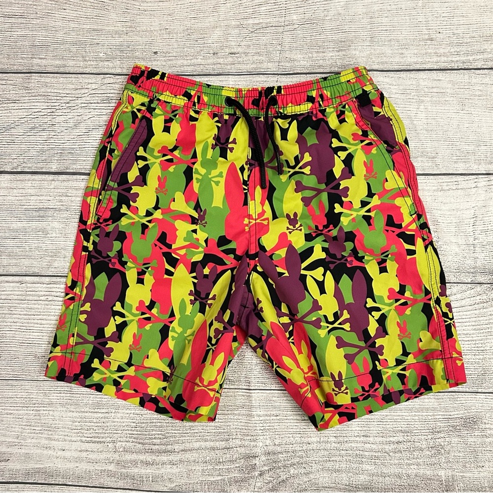 Psycho Bunny Kids Neon Camo Swim Trunks - Lime, Pink & Purple